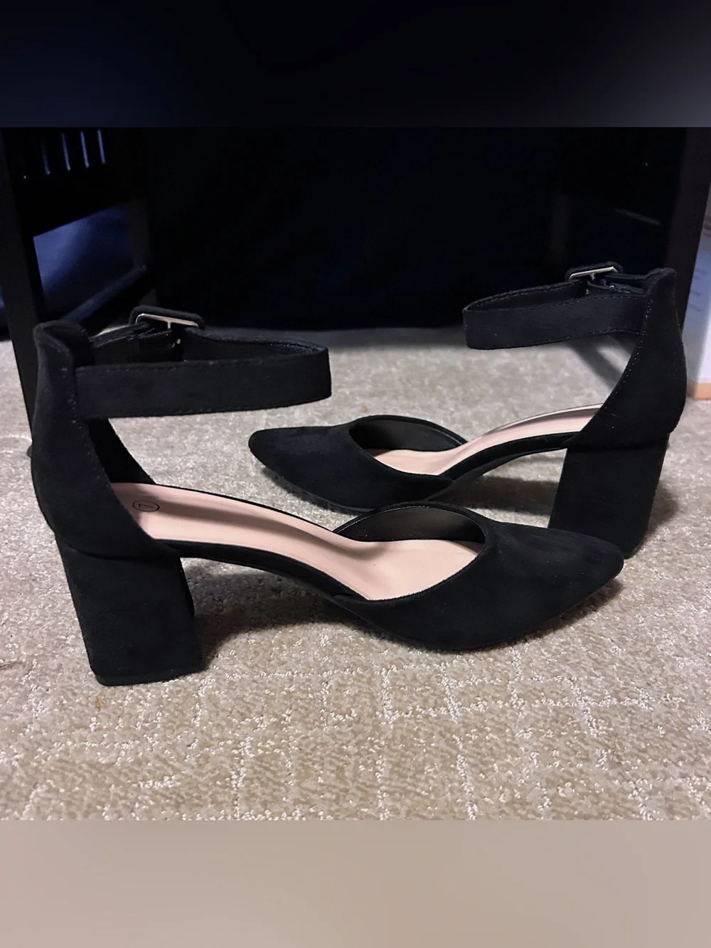 Classic Black Ankle-Strap 3 Inch Block Heel Pump Size 7 Suede